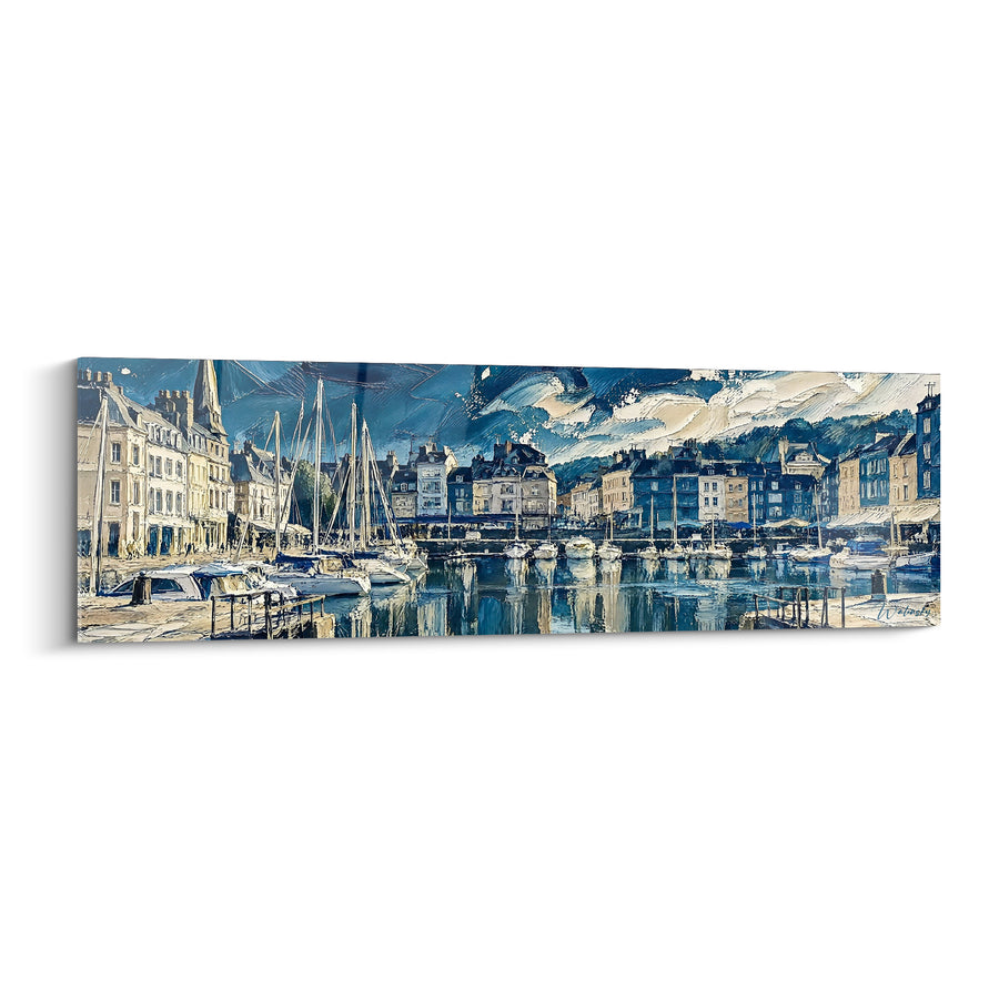 Tableau Vieux port bleu et ocre voiliers amarrés - Matinée portuaire - Edition Honfleur Normandie France