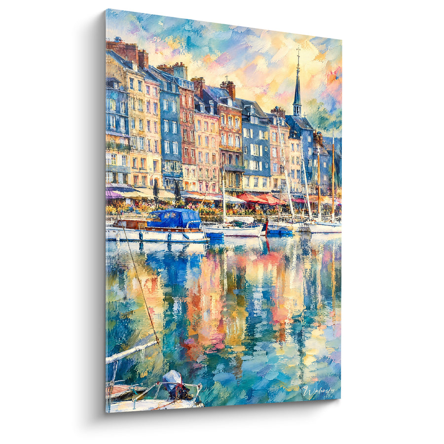 Tableau Péniche bleue et blanche aux façades colorées - Parasols rouges du quai - Edition Honfleur Normandie France