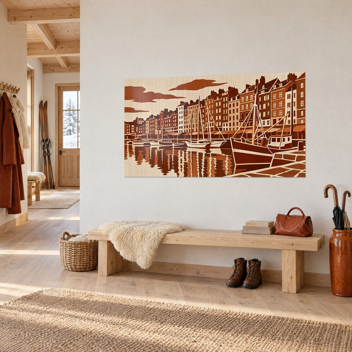Quadro banchina di Honfleur in monocromo, case alte marroni e crema, alberature di velieri, riflessi striati, nell'ingresso di uno chalet