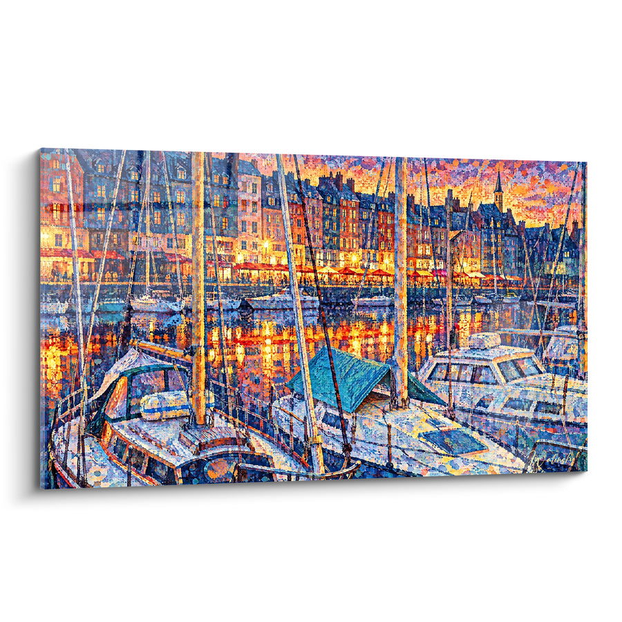 Tableau Port voilier bleu orangé mâts élancés - Lueurs du crépuscule - Edition Honfleur Normandie France