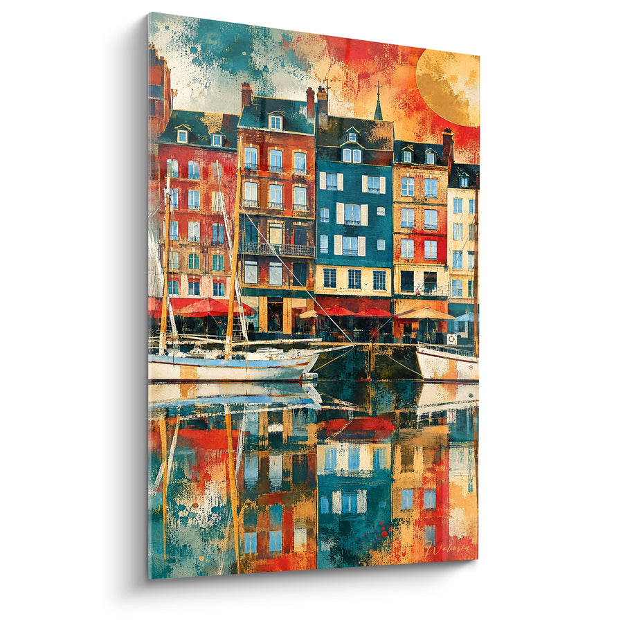 Tableau Vieux port bleu pétrole et terracotta - Reflets du soir - Edition Honfleur Normandie France
