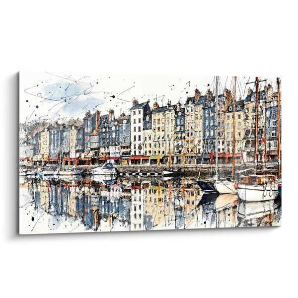 Tableau Port voiliers façades bleues et ocres - Reflets du vieux port - Edition Honfleur Normandie France