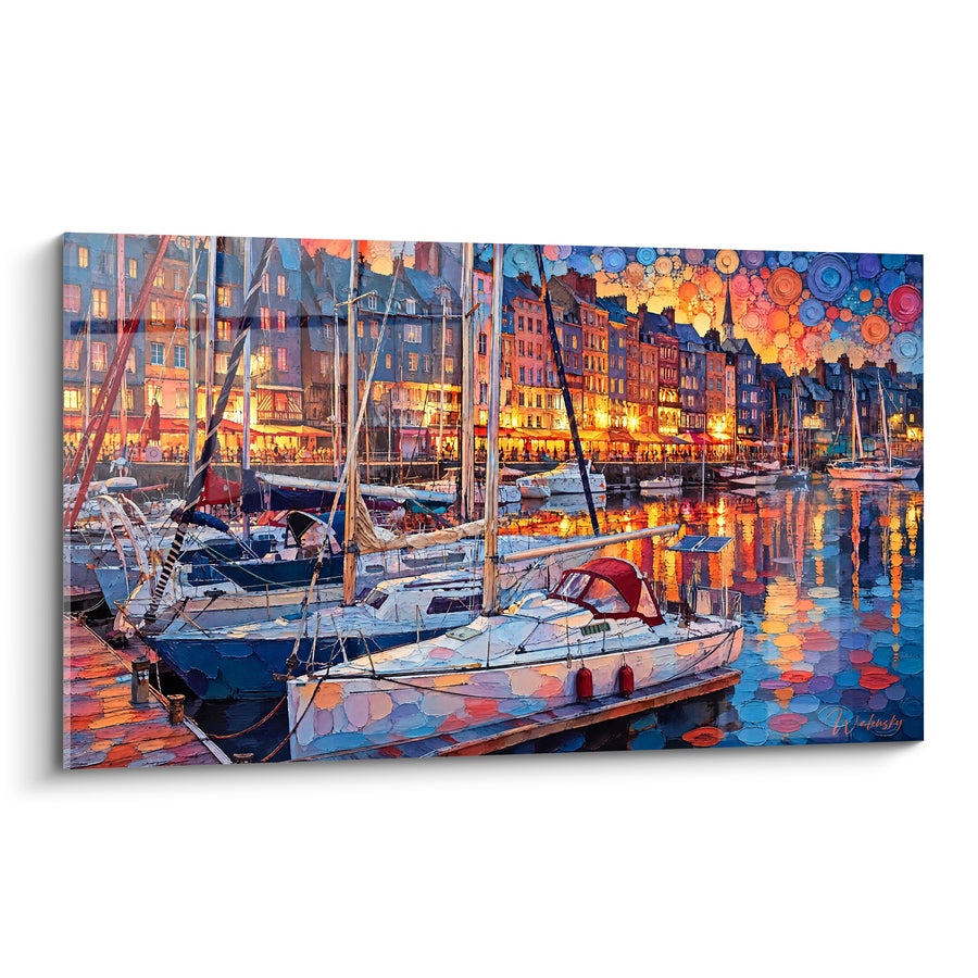 Tableau Port voiliers bleu et orange au crépuscule - Lueurs du bassin - Edition Honfleur Normandie France