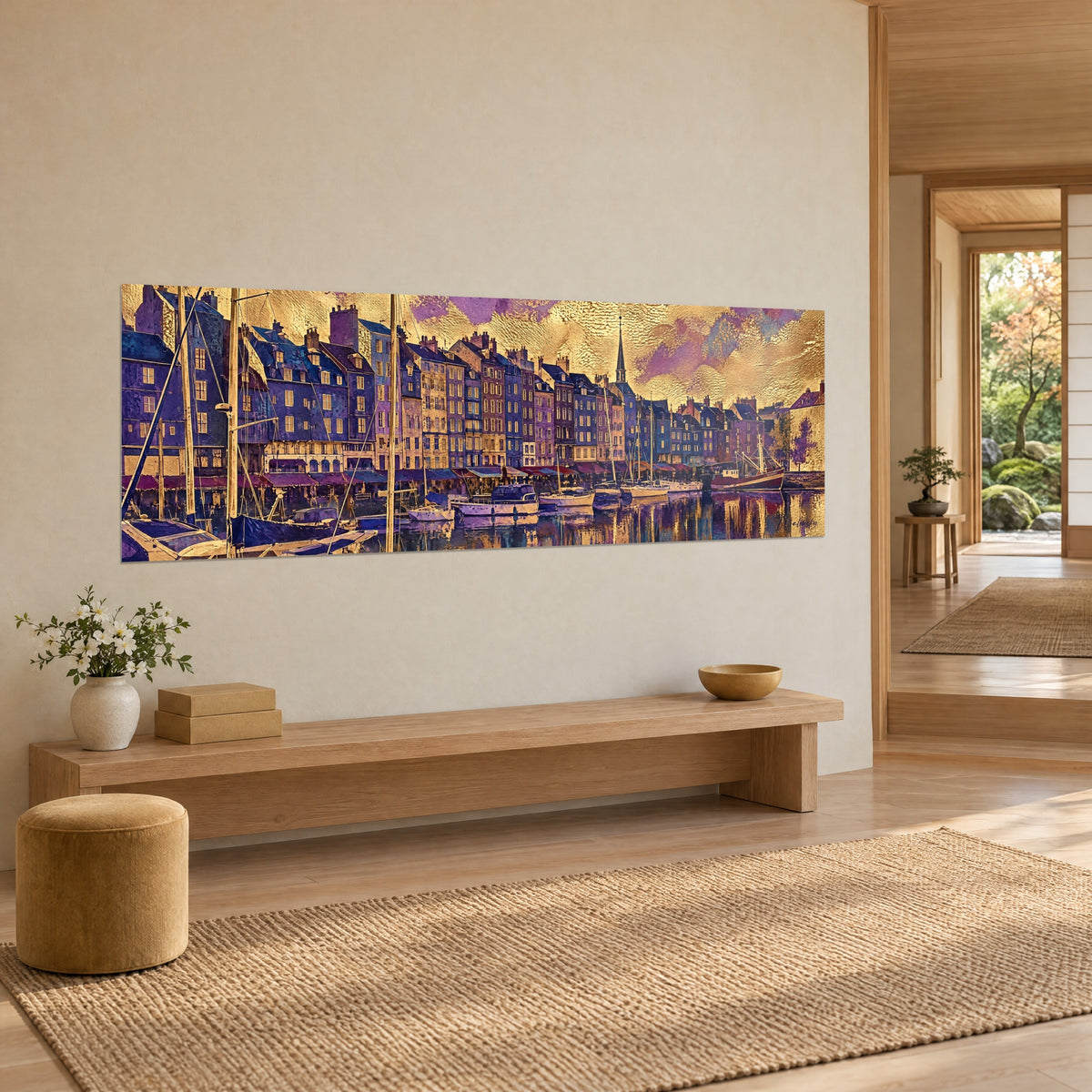 Wall art old Normandy harbour with slate and purple houses, slender bell tower and golden reflections on the water, three-quarter japandi view