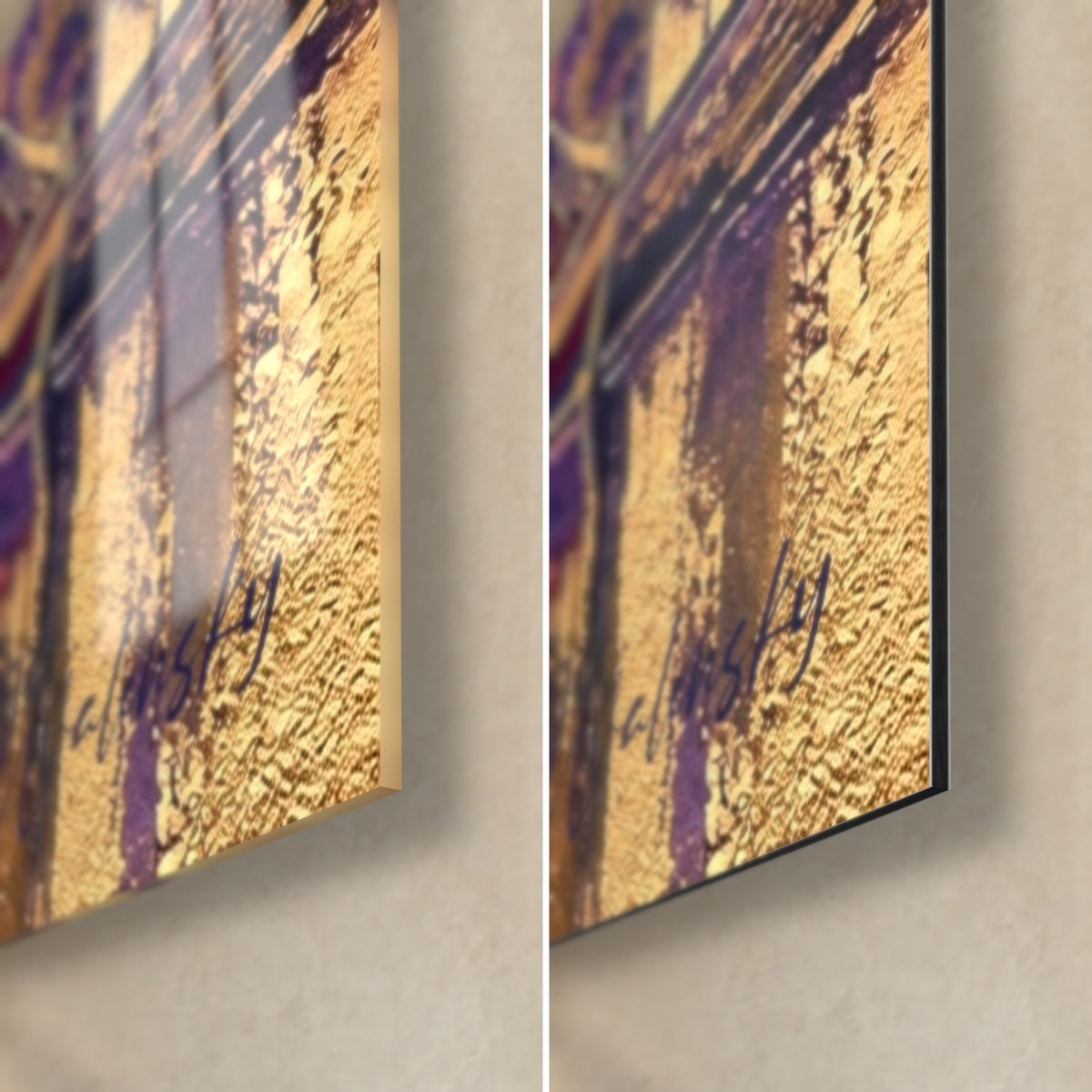Wall art golden harbour with sailboats, bottom right corner: glossy acrylic glass reflecting the gold on the left, matte Dibond on the right, 3 mm edge