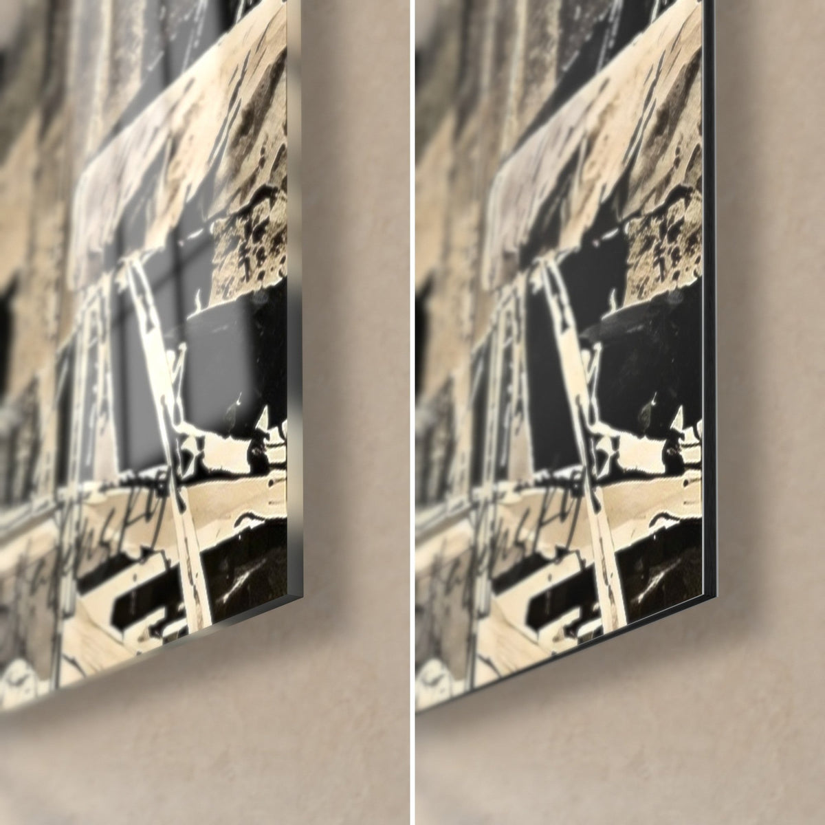 Quadro case del porto in collage nero e beige, angolo in basso a destra, bordo di 3 mm, vetro acrilico lucido e Dibond opaco