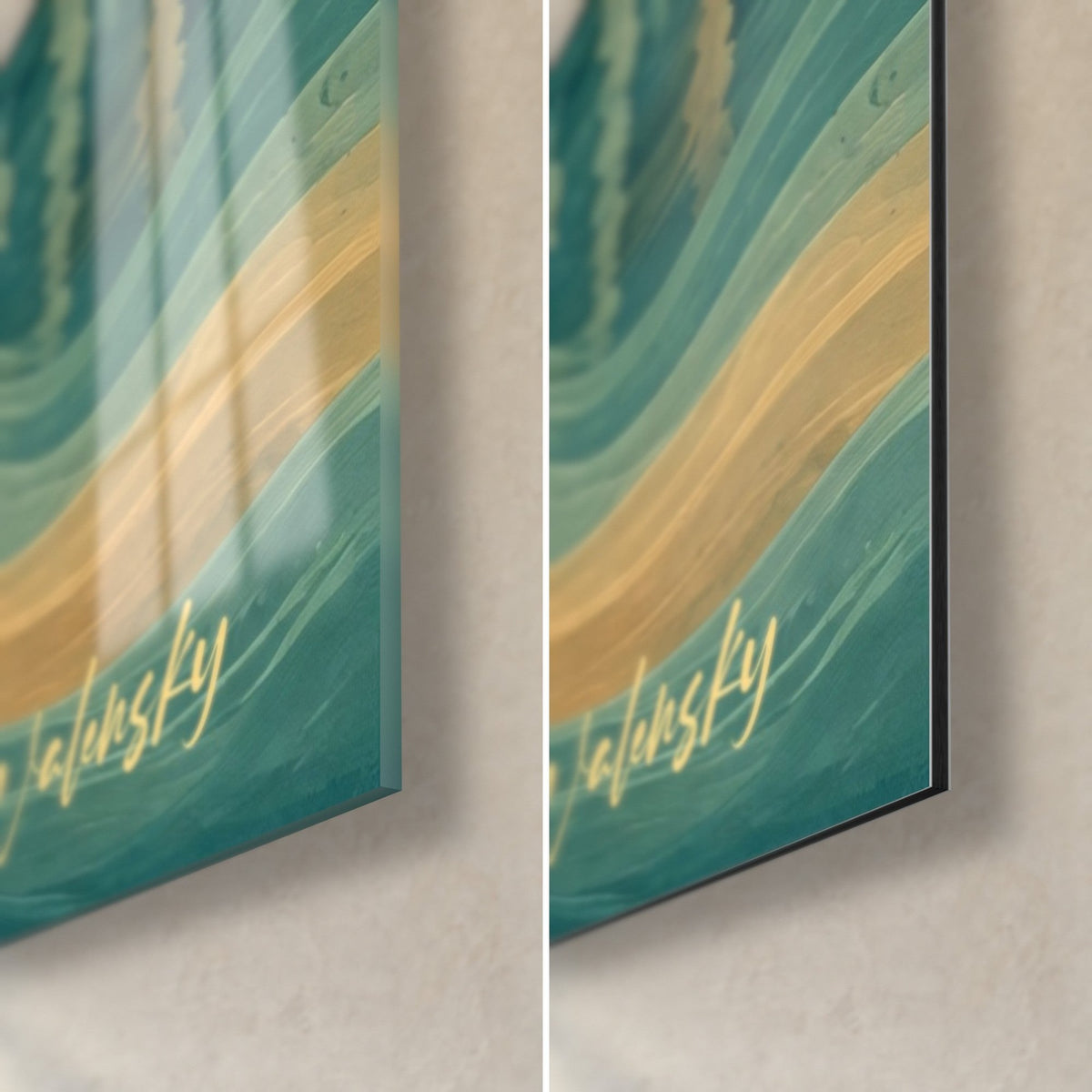 Wall art sailboat at anchor, bottom right corner: glossy glass on the left, matte Dibond on the right, 3 mm edge, golden signature