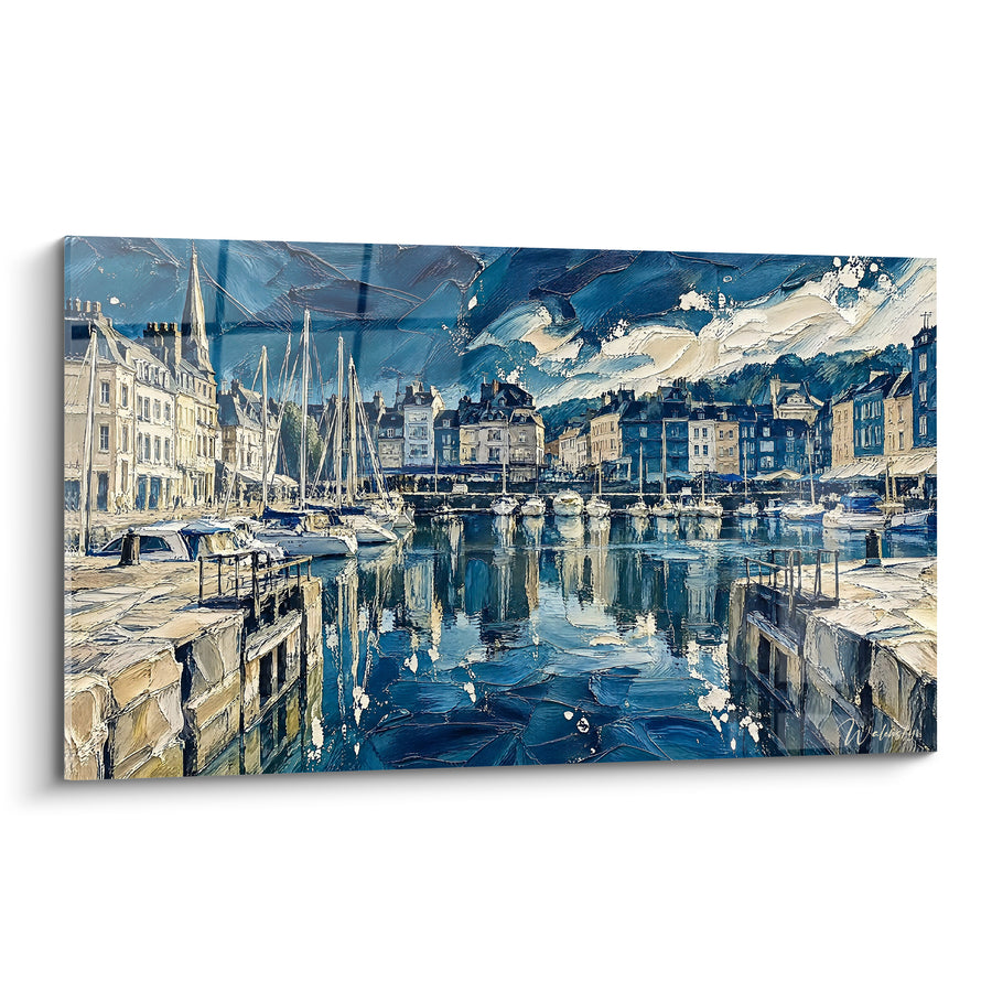 Tableau Vieux-bassin bleu et ocre aux voiliers - Reflets du matin - Edition Honfleur Normandie France