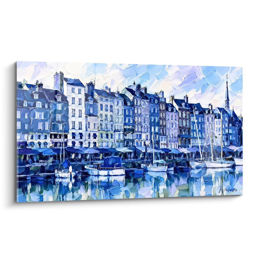 Tableau Clocher bleu et blanc au port monochrome - Ciel en facettes - Edition Honfleur Normandie France