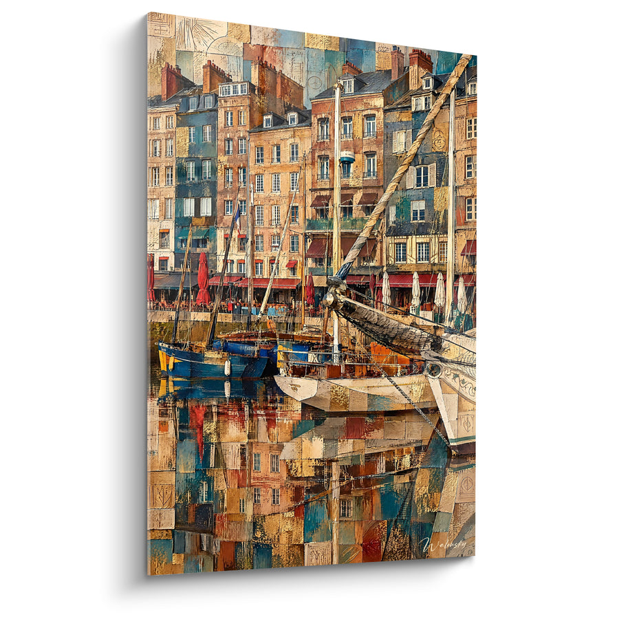 Tableau Voilier beige et bleu au mât incliné - Façades en mosaïque - Edition Honfleur Normandie France