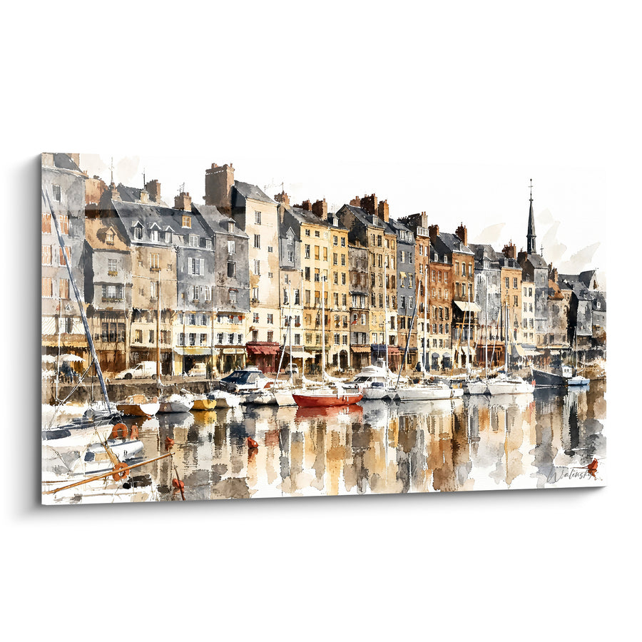 Tableau Vieux bassin ocre et gris voiliers - Quiétude du vieux port - Edition Honfleur Normandie France