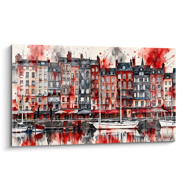 Painting White Sailboat with Red and Gray Facades Splashes - Ink and Watercolor - Honfleur Normandy France Edition