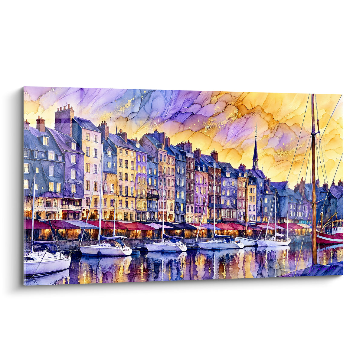 Vieux Bassin de Honfleur aux teintes violettes et dorées, voiliers blancs amarrés au port
