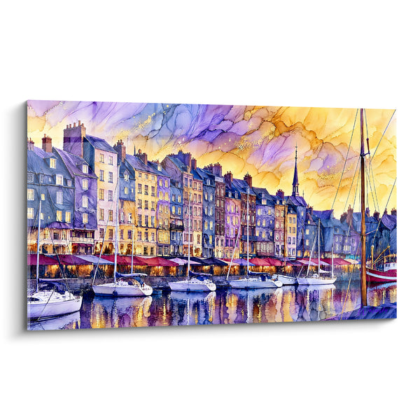 Tableau Vieux bassin violet et doré aux voiliers - Lumières du crépuscule - Edition Honfleur Normandie France