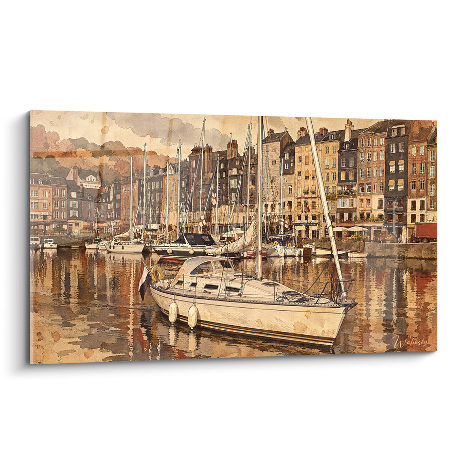 Tableau Voilier blanc et façades ocre au port - Matin au port - Edition Honfleur Normandie France