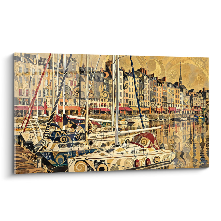Tableau Vieux-Bassin doré aux voiliers ornés - Rêverie portuaire - Edition Honfleur Normandie France