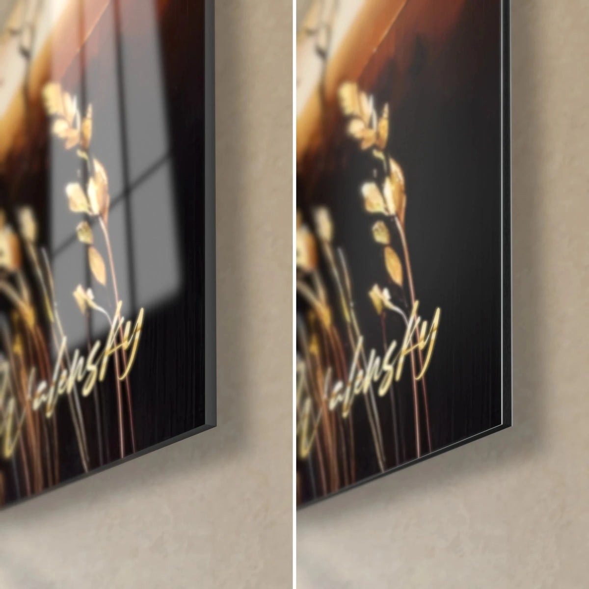 Wall art savanna at sunset, bottom right corner: glossy acrylic glass on the left, matte black and gold Dibond aluminum on the right, 3 mm edge