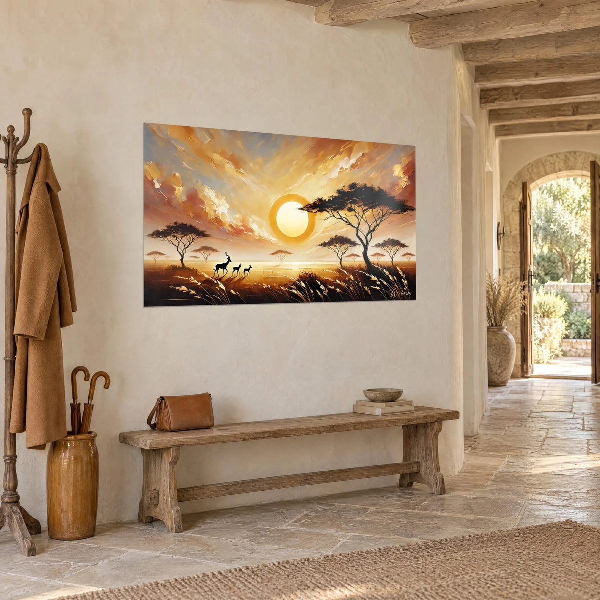 Wall art acacia tree in black silhouette against a yellow sun disc, amber and rose sky, stone wall in three-quarter view