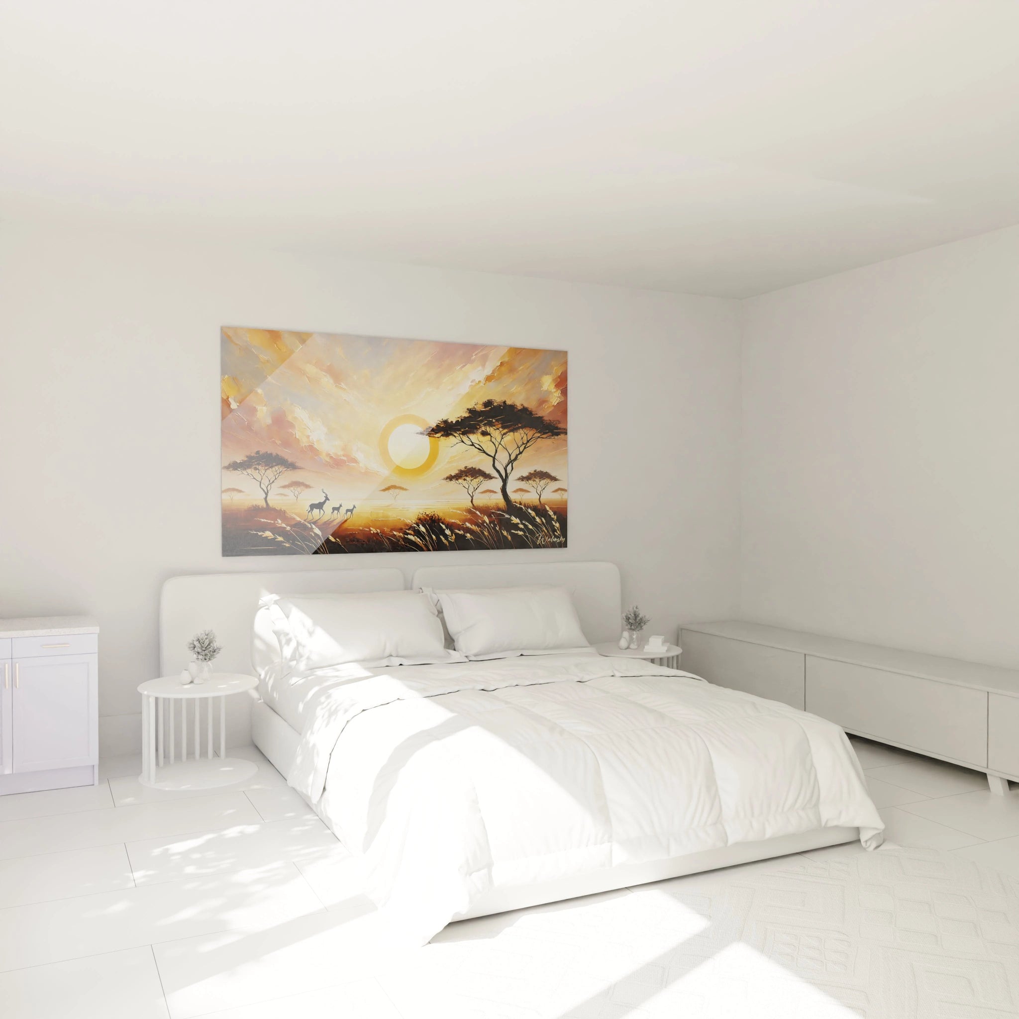 Dans cette chambre, le tableau Coucher de Soleil crée une atmosphère paisible au-dessus du lit, apportant chaleur et harmonie grâce à ses nuances dorées et son design contemporain.

