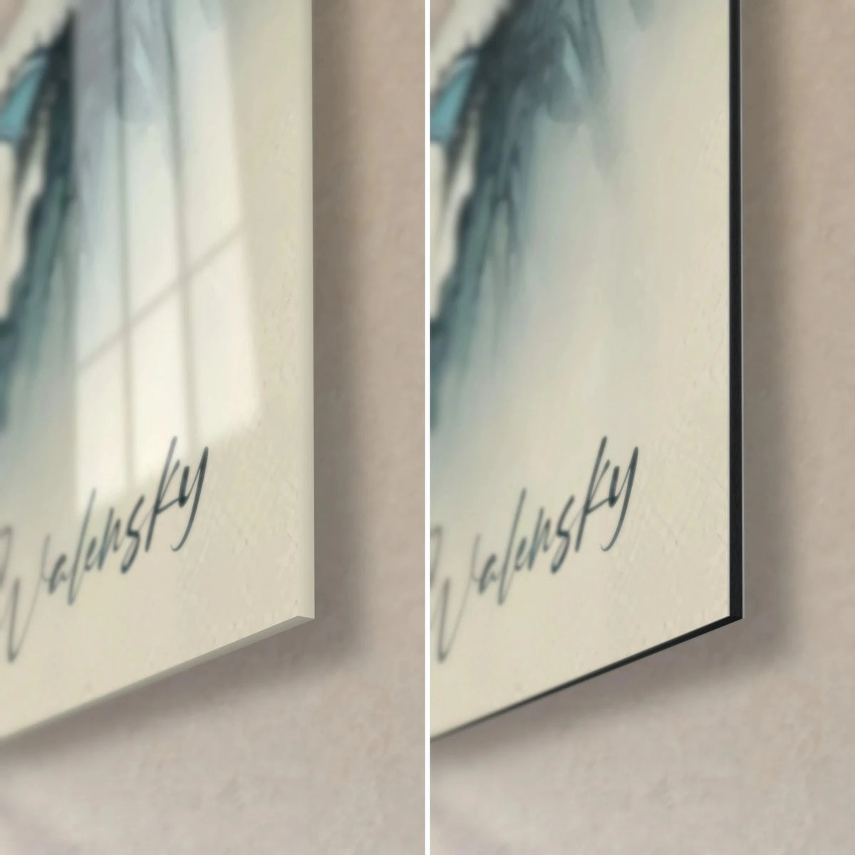 Wall art of a Chinese mist landscape, bottom right corner: midnight blue Walensky signature, glossy glass on the left, matte black Dibond, 3 mm edge