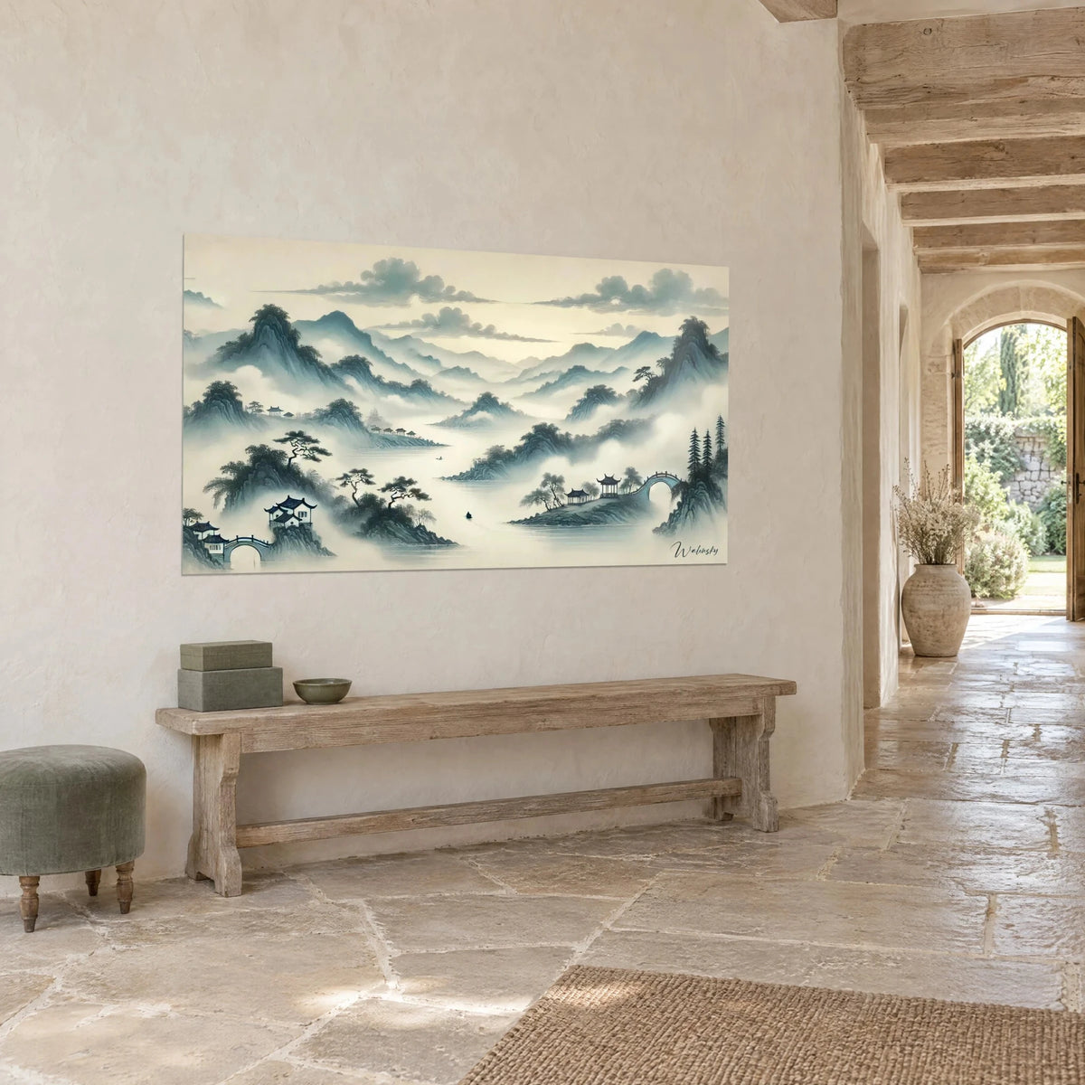 Wall art ink wash of misty peaks in slate blue and ivory, a peaceful lake, leaning pines, facing a pale stone bench in three-quarter view