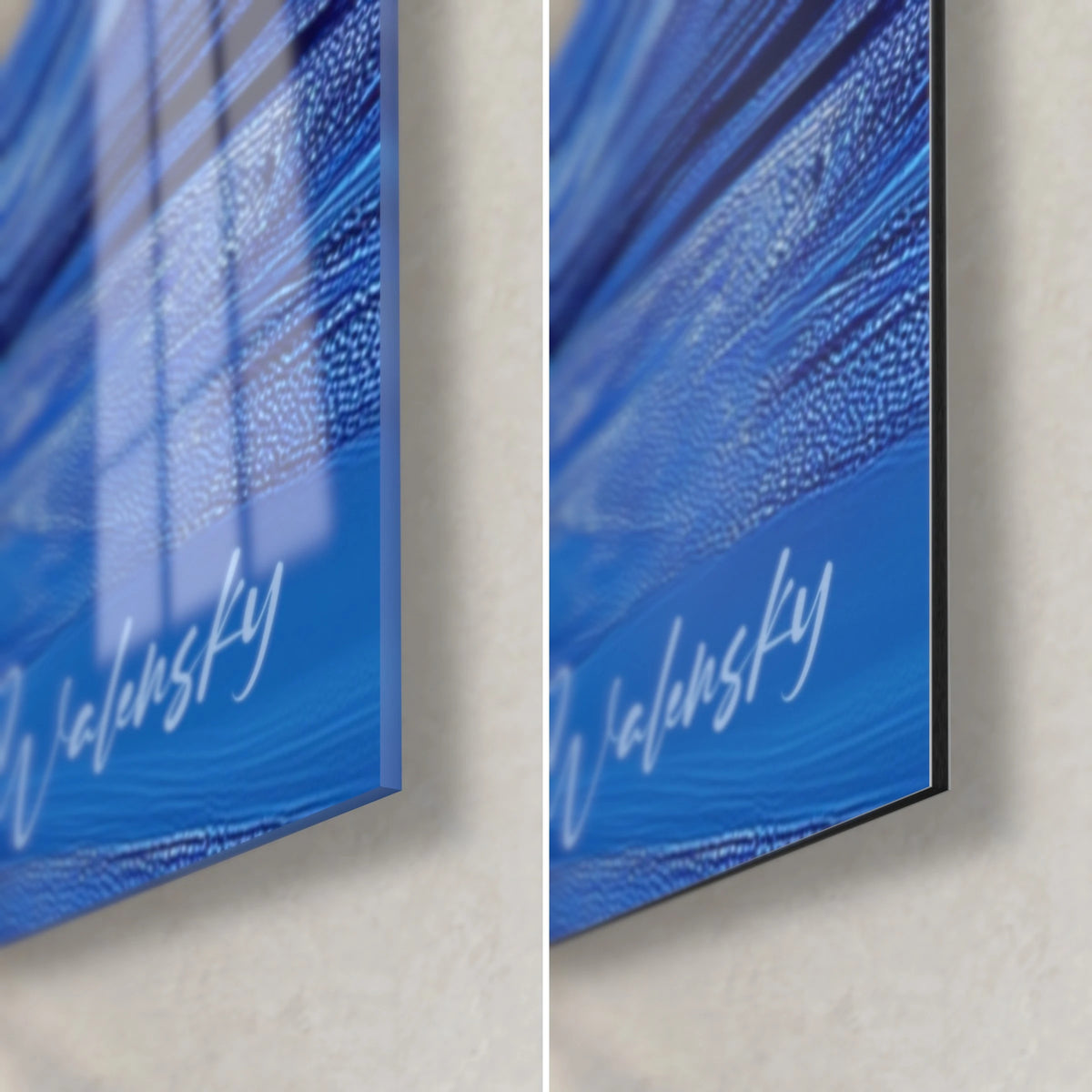 Gemälde Gletscher mit azurblauen und marineblauen Reflexen, untere rechte Ecke: glänzendes Acrylglas links, matter Alu-Dibond rechts, 3 mm Kante
