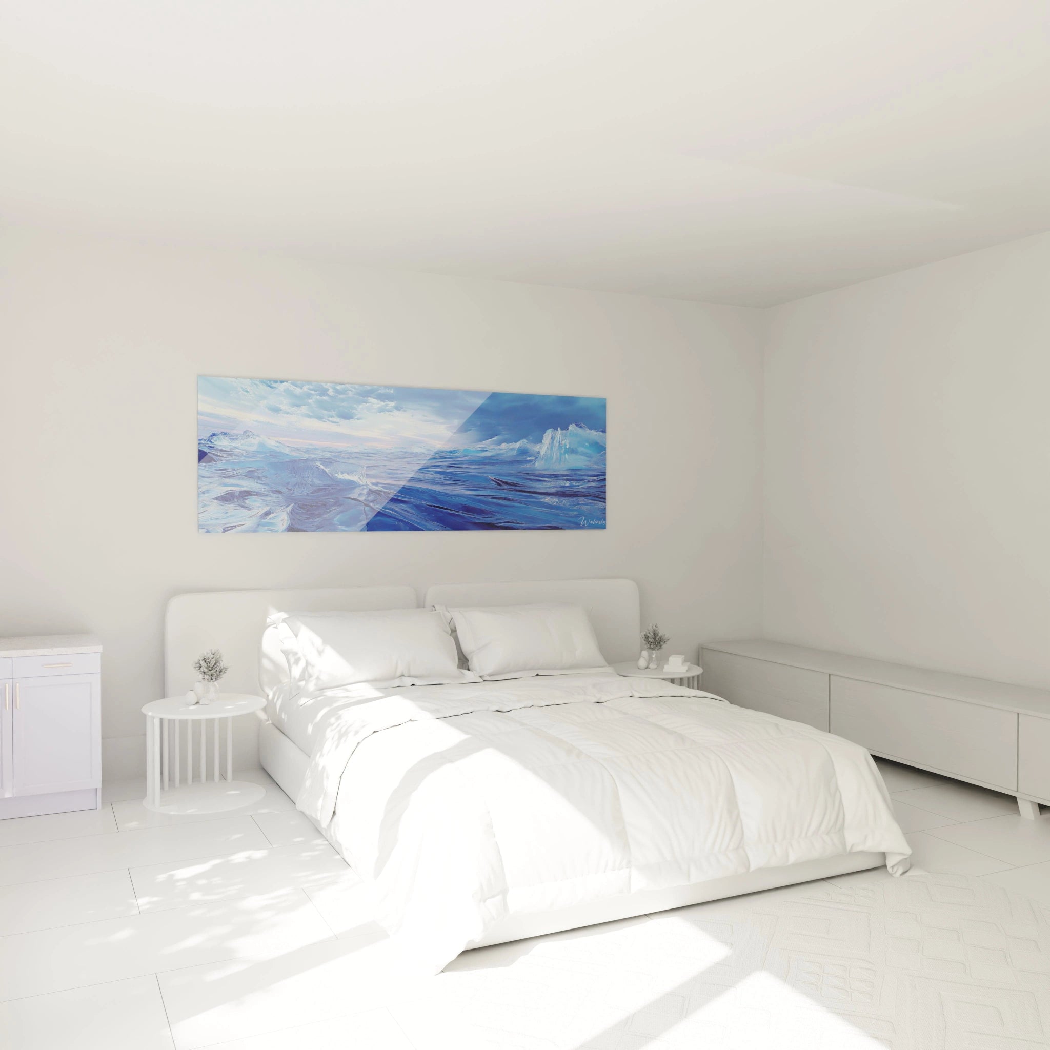 Un tableau mer glaciale montrant un océan aux multiples nuances de bleu cobalt et turquoise, où des crêtes blanches et des icebergs se détachent sur l'horizon, créant un contraste entre la fluidité des vagues et la rigidité des structures glacées.
