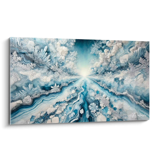 Quadro in stile epossidico visto da una prospettiva angolata, con sfumature di blu e bianco che evocano la serenità di un paesaggio artico. I cristalli e le texture creano una profondità ipnotica che cattura la luce.

