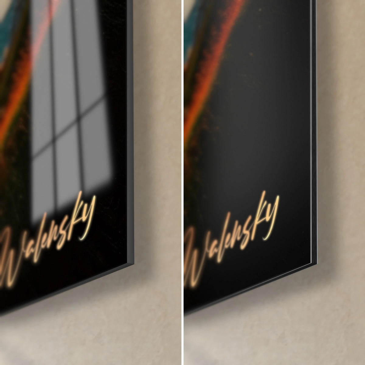 Wall art chalk coastline at dusk, bottom right corner: glossy glass with window reflection, matte black Dibond, 3 mm edge