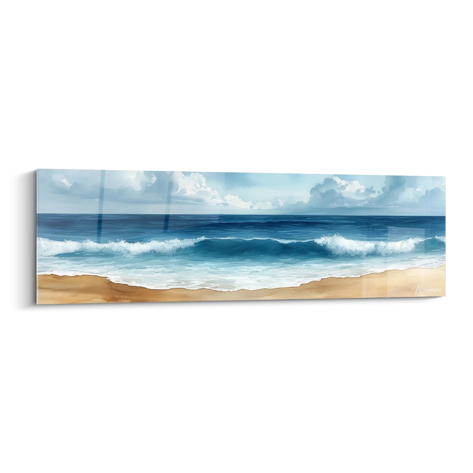Un tableau plage représentant un bord de mer avec vagues déferlantes sur sable doré, dominé par des tons bleu profond, blanc éclatant et beige chaud, créant une atmosphère sereine avec textures variées rendant le mouvement de l'eau.
