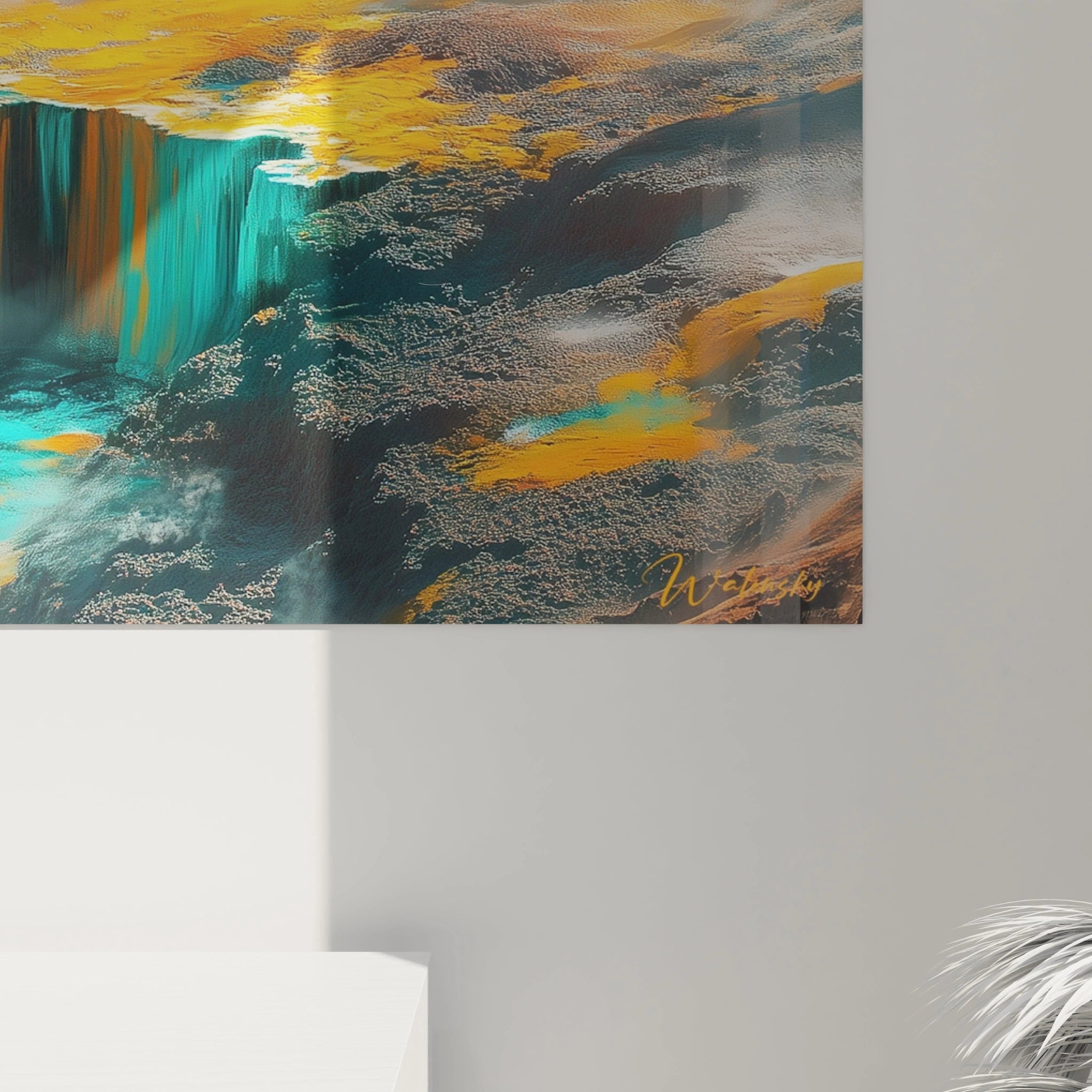 Un tableau montagne envoûtant montrant un paysage alpin aux falaises vertigineuses, où se déversent des eaux turquoise étincelantes traversant des plateaux aux teintes orangées chaudes, avec des effets de matière suggérant la densité minérale des roches.
