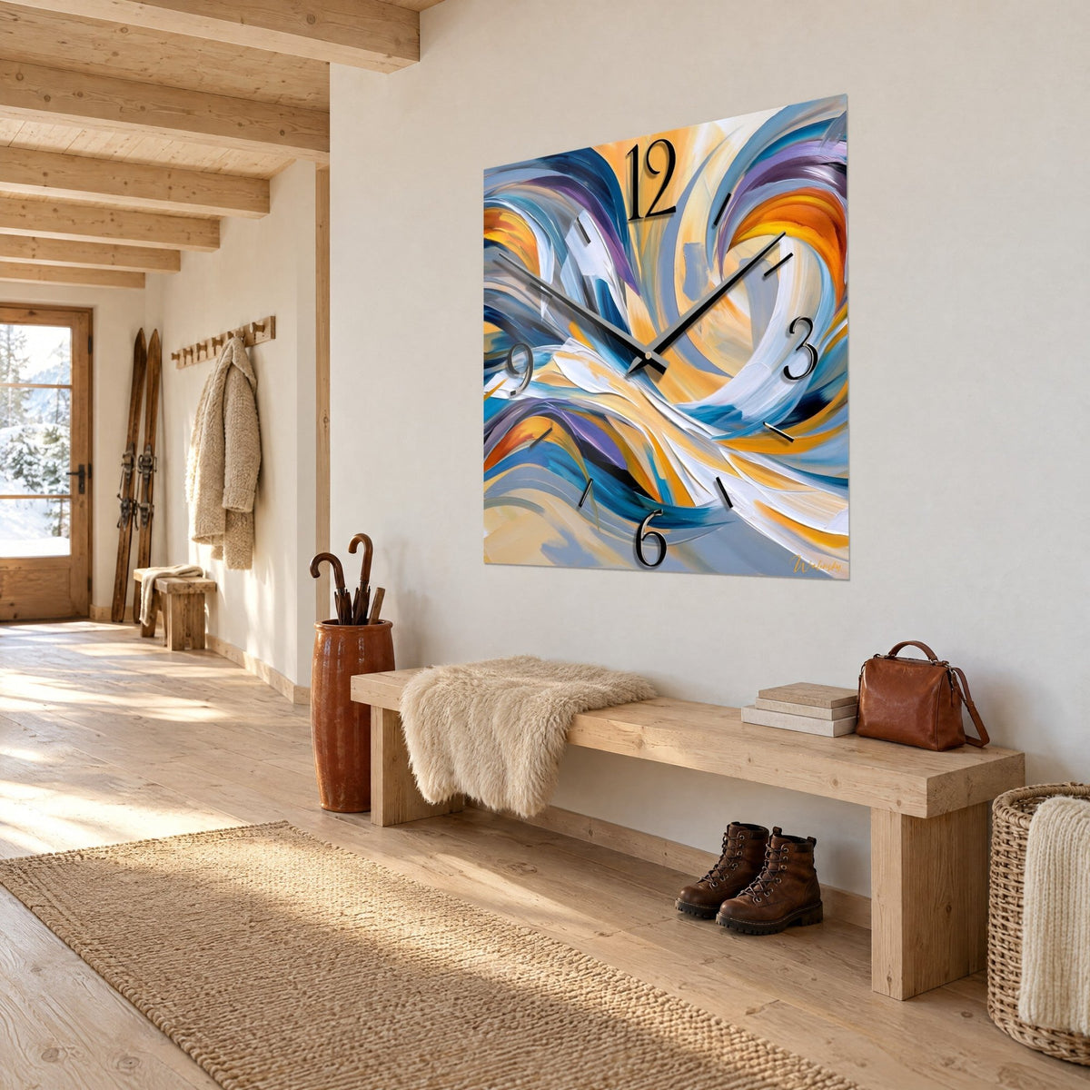 Wall art square wall clock with orange and violet palette-knife strokes on a sky blue background, three-quarter view, white wall of a chalet entrance hall