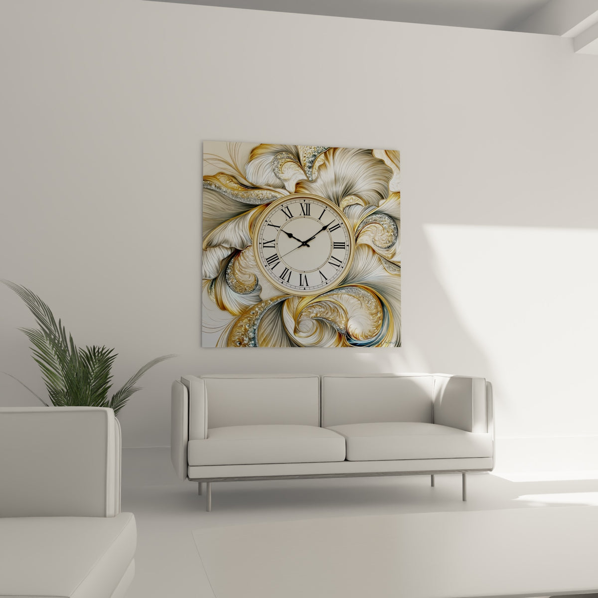 Volutes dorées et argentées enlaçant un cadran blanc, au-dessus d'un canapé dans un salon lumineux