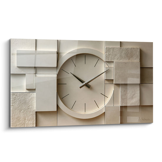 Tableau Horloge en relief géométrique beige et blanc - Silence minéral - Edition Horloge