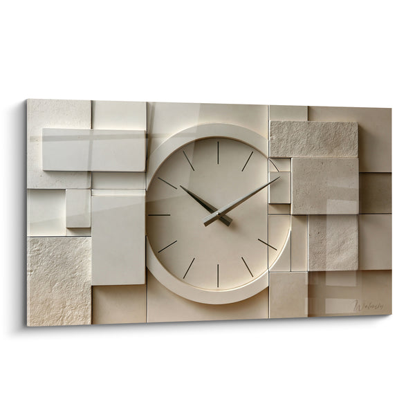 Tableau Horloge en relief géométrique beige et blanc - Silence minéral - Edition Horloge