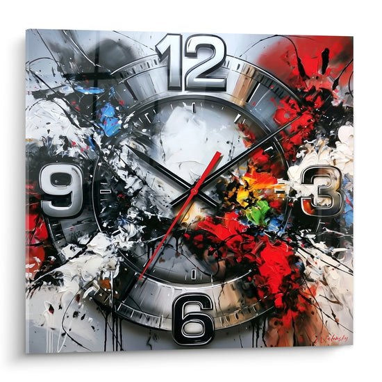 Tableau Cadran gris et rouge éclaboussé de peinture - Explosion du temps - Edition Horloge