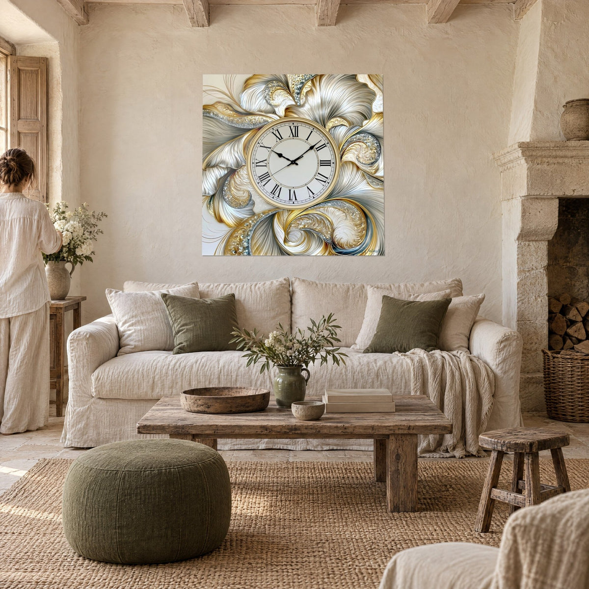 Gemälde Uhr mit römischen Ziffern, goldgerahmt, silberne und perlmuttfarbene Ornamente, über einem Sofa in einem hellen Wohnzimmer
