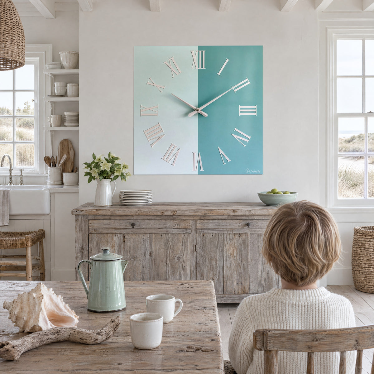 Tableau horloge murale bicolore, chiffres romains crème et aiguilles blanches sur fond aqua et sarcelle, enfant de dos, cuisine claire en bois blanchi