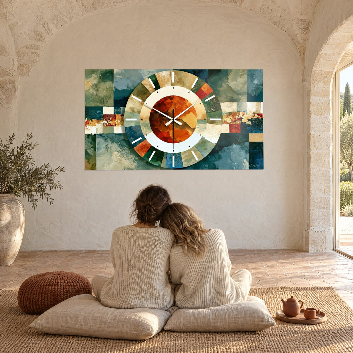 Tableau horloge solaire stylisée, secteurs sauge, ocre et rouge, grand mur chaulé voûté, couple enlacé de dos sur des coussins