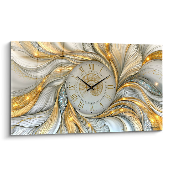 Tableau Horloge romaine dorée en tourbillon de plumes - Tourbillon doré - Edition Horloge