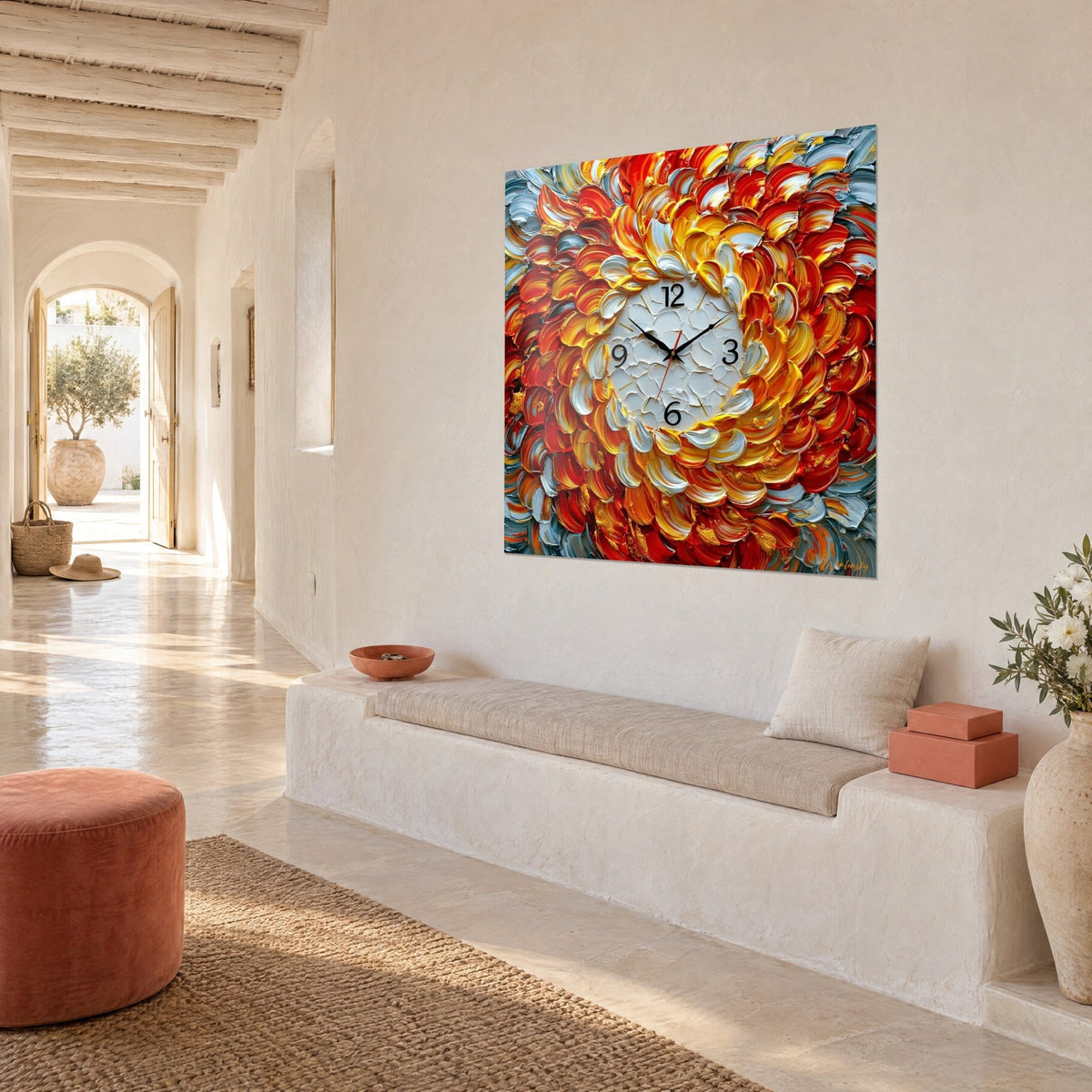 Wall art clock with a corolla of scarlet and golden impasto around a white dial with black numerals, three-quarter view, whitewashed wall