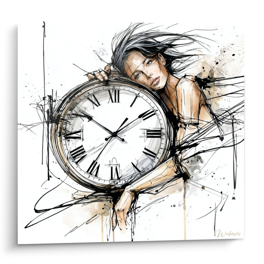 Tableau Femme accoudée à une horloge blanche et noire - Étreinte du temps - Edition Horloge