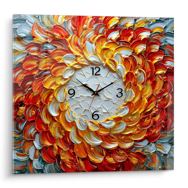 Tableau Fleur rouge et orangé texturée - Éclosion flamboyante - Edition Horloge