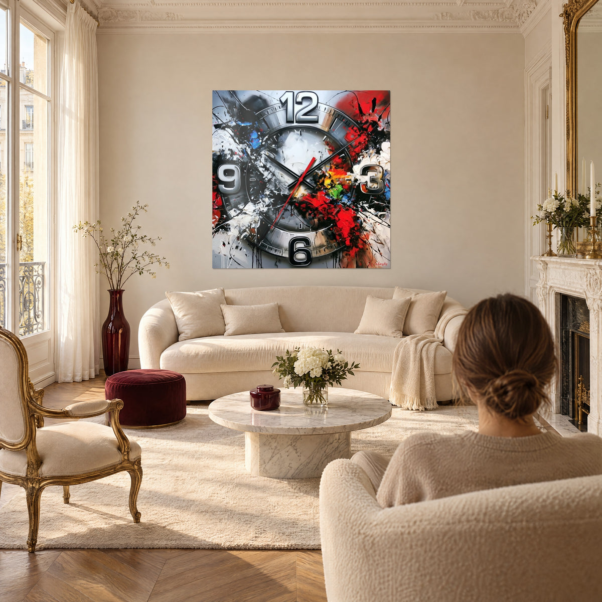 Tableau cadran d'horloge chromé éclaboussé de rouge vif et de blanc, accroché au-dessus d'un canapé dans un salon lumineux