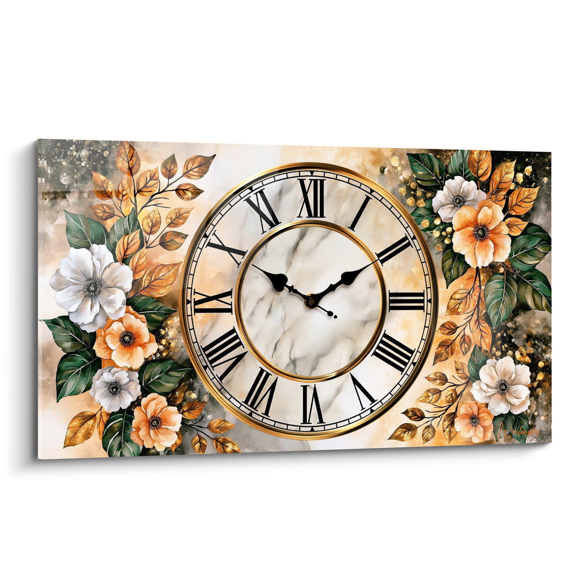 Horloge murale marbre blanc et doré entourée de fleurs pêche et feuillages cuivrés
