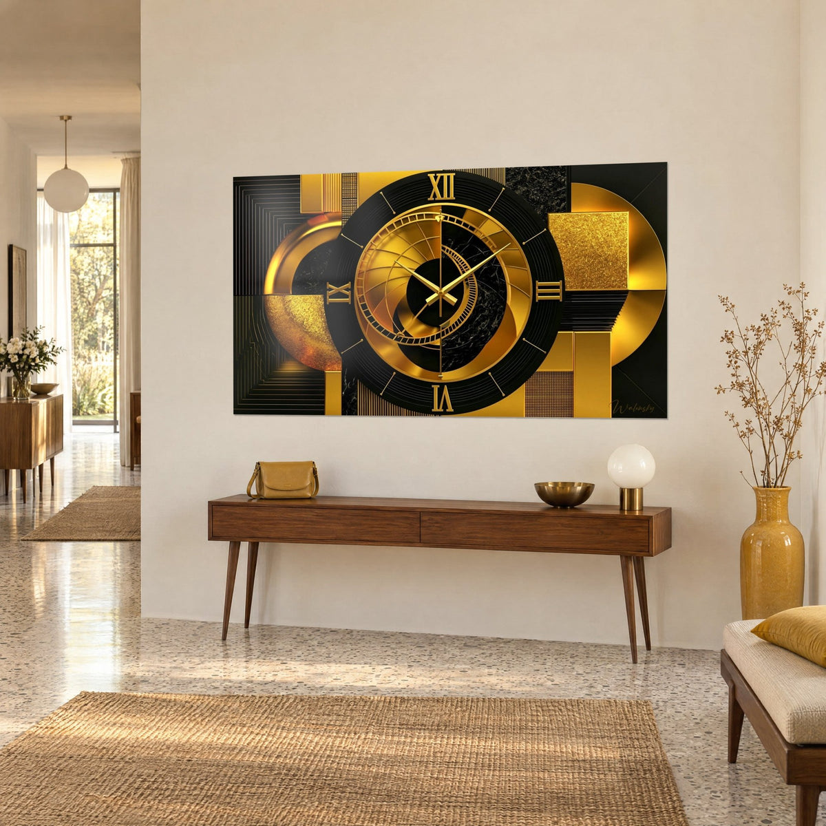 Πίνακας ρολογιού art deco με χρυσούς δείκτες σε φόντο από έβενο, τρία τέταρτα, πάνω από ξύλινη κονσόλα