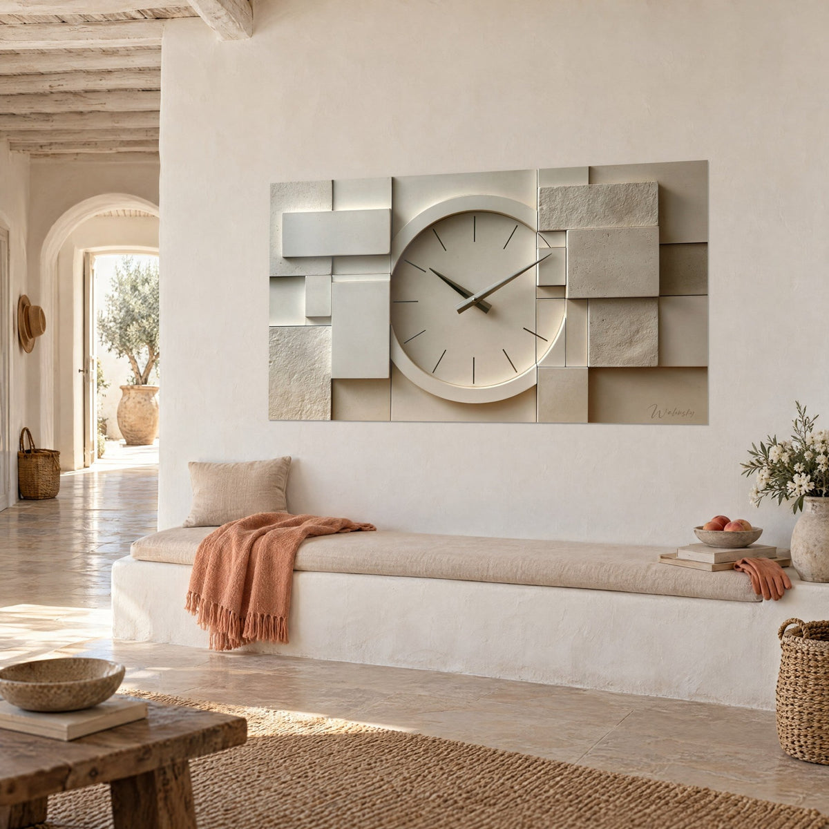 Wall art raised dial surrounded by cream and sand-coloured rectangles, three-quarter view, white banquette, Mediterranean house