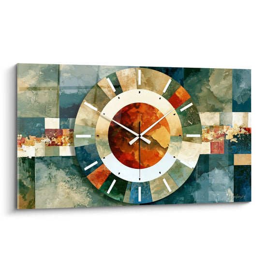 Tableau Horloge murale bleu sarcelle et terracotta abstraite - Éclipse chaleureuse - Edition Horloge