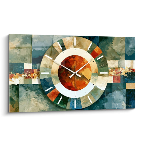 Tableau Horloge murale bleu sarcelle et terracotta abstraite - Éclipse chaleureuse - Edition Horloge