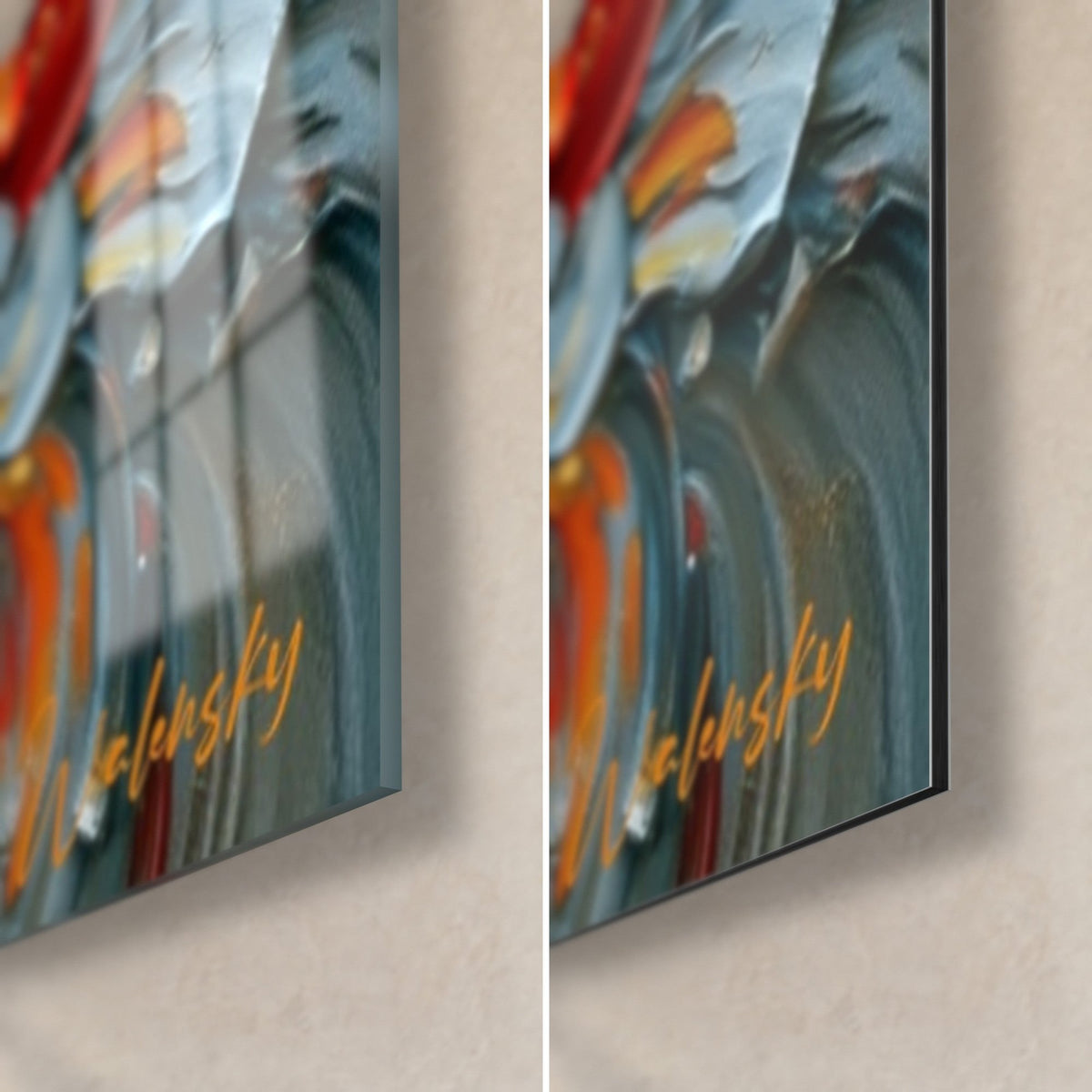 Wall art floral wall clock with red and blue-grey petals, bottom right corner: glossy acrylic glass, matte Dibond, 3 mm edge